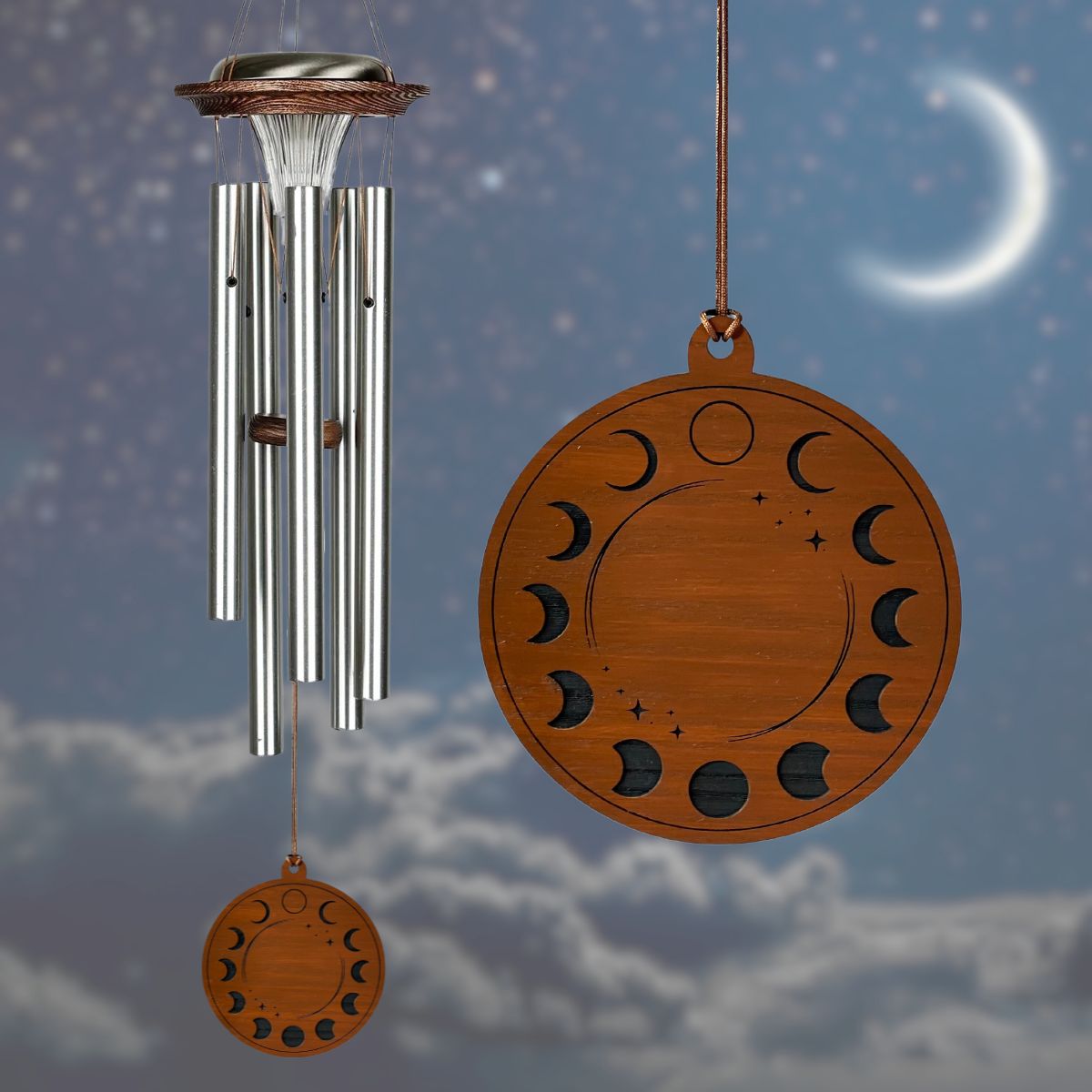 Moonlight Solar Chime 29 Inch Wind Chime - Engravable Moon Phase Sail - Silver